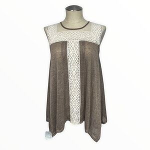 RYU Brown Knit & Cream Lace Back Tie Boho Shabby Chic Tunic Tank Top, Small
